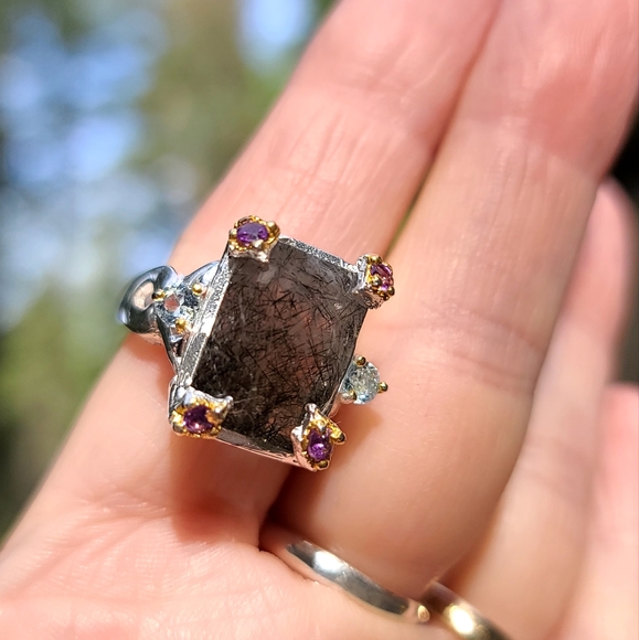 HUGE 9k rutilated quartz Amethyst &Topaz Sterling ring sz9 - Picture 8 of 8
